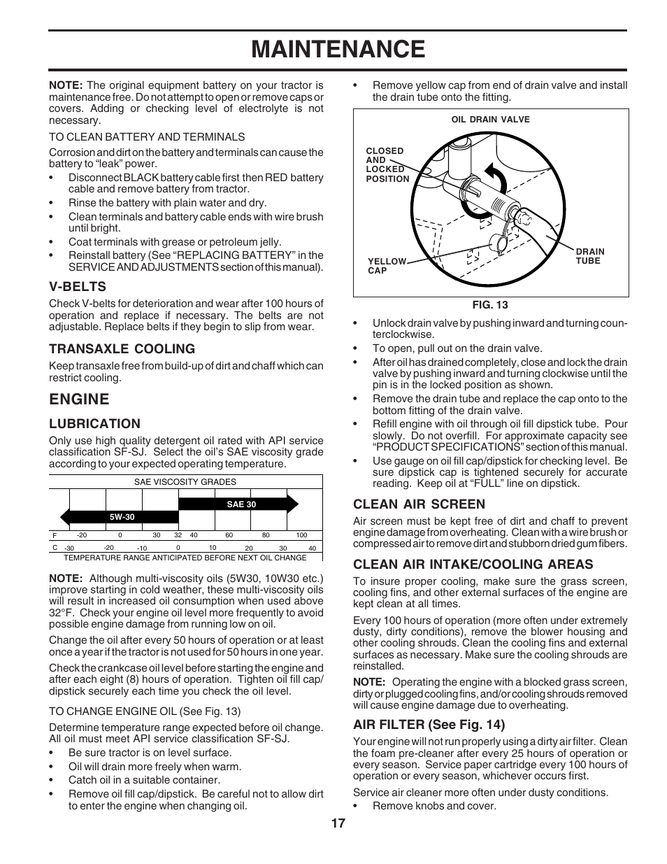 Maintenance, Engine, 17 clean air screen | V-belts, Transaxle cooling, Lubrication, Clean air intake/cooling areas, Air filter (see fig. 14) | Poulan 183044 User Manual | Page 17 / 52