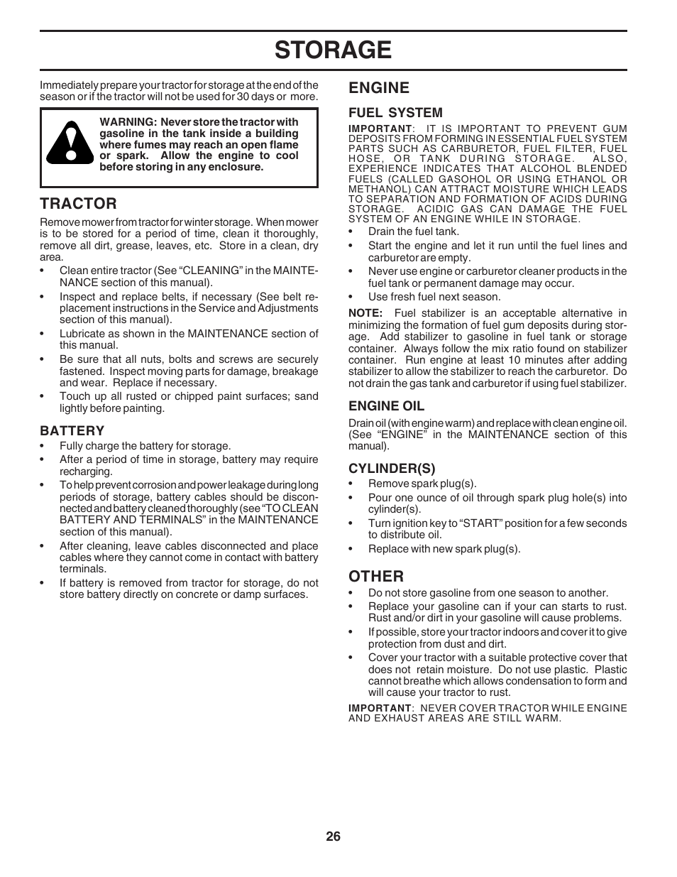 Storage, Tractor, Engine | Other | Poulan 183044 User Manual | Page 26 / 52