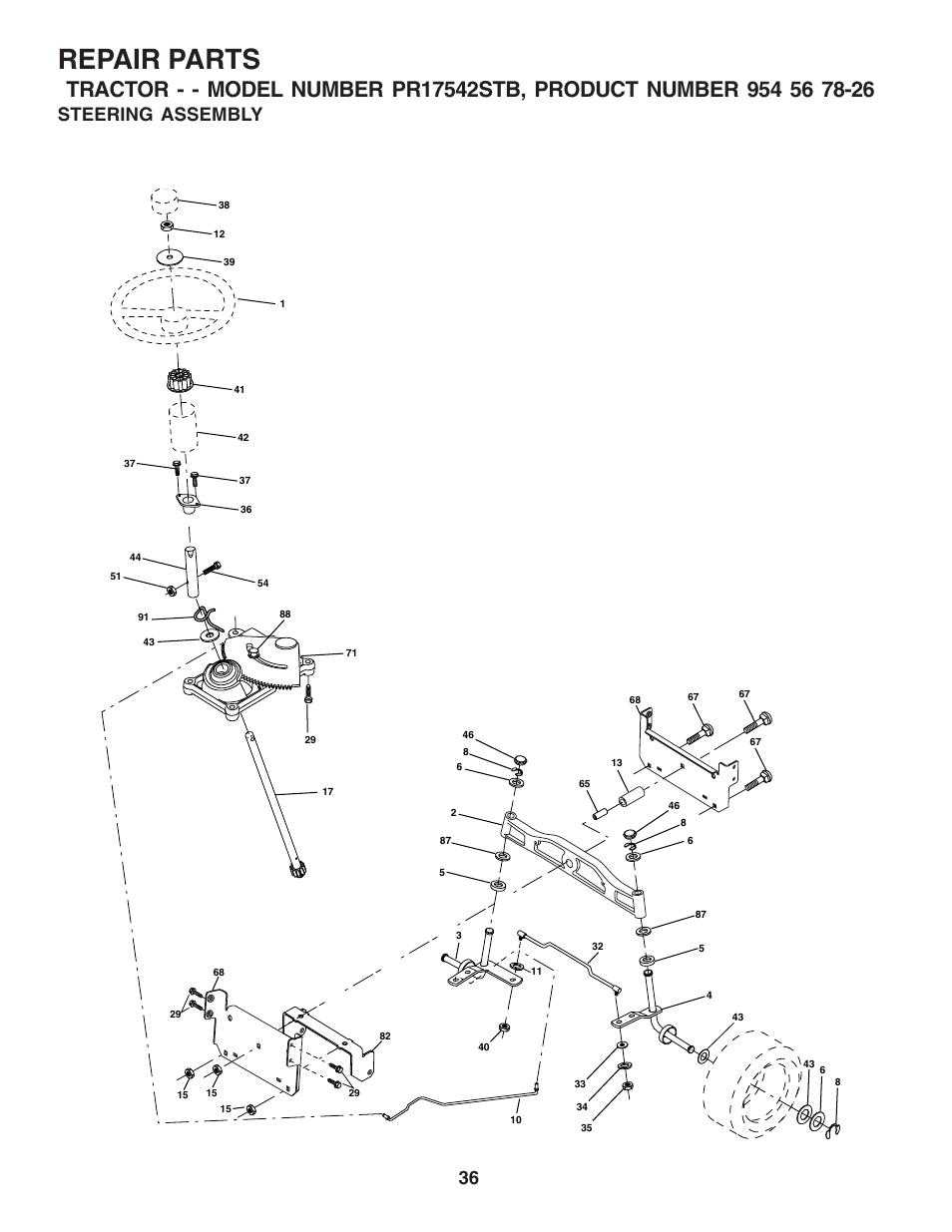 Repair parts, Steering assembly | Poulan 183044 User Manual | Page 36 / 52
