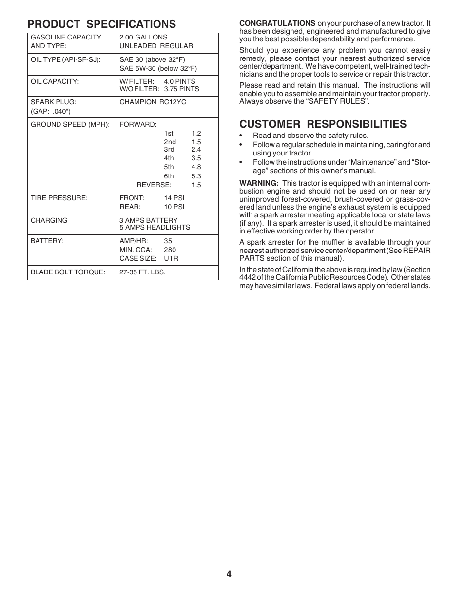 Customer responsibilities, Product specifications | Poulan 183044 User Manual | Page 4 / 52