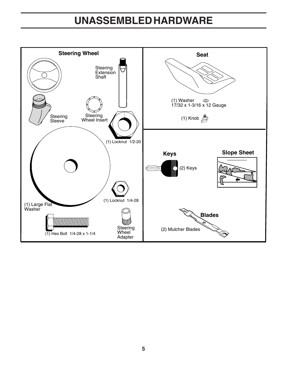 Unassembled hardware | Poulan 183044 User Manual | Page 5 / 52