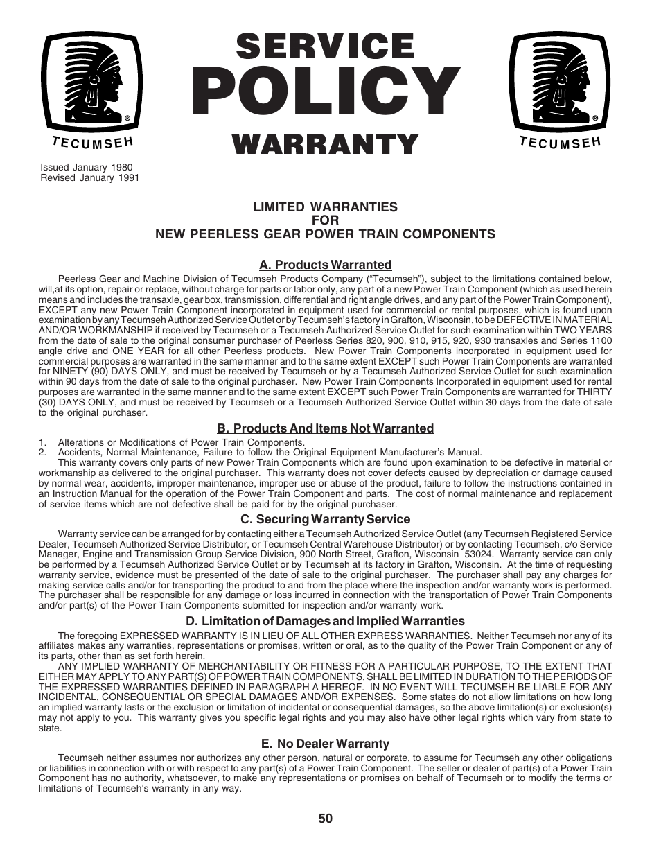 Policy, Service, Warranty | Poulan 183044 User Manual | Page 50 / 52