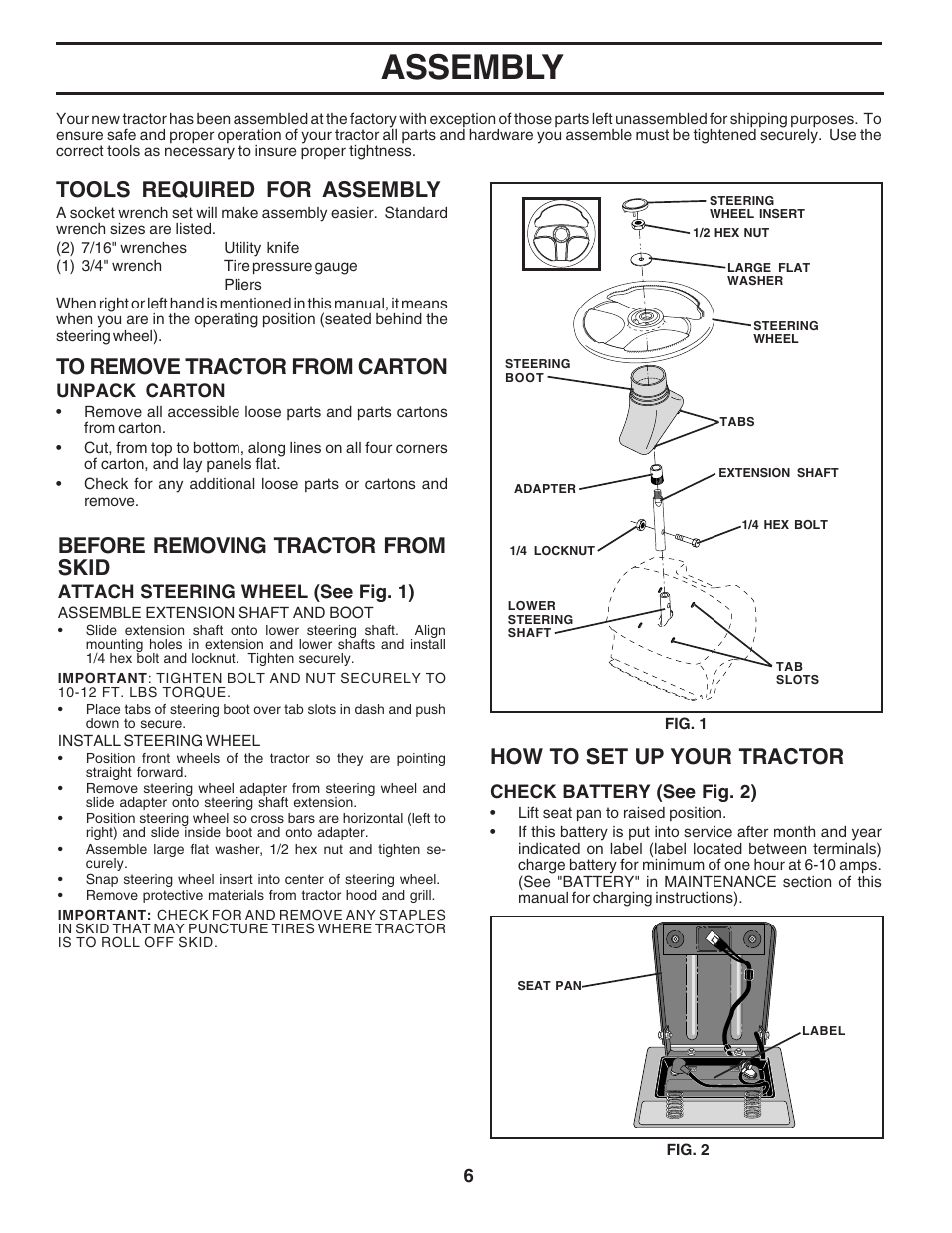Assembly, Tools required for assembly, How to set up your tractor | Before removing tractor from skid | Poulan 183044 User Manual | Page 6 / 52