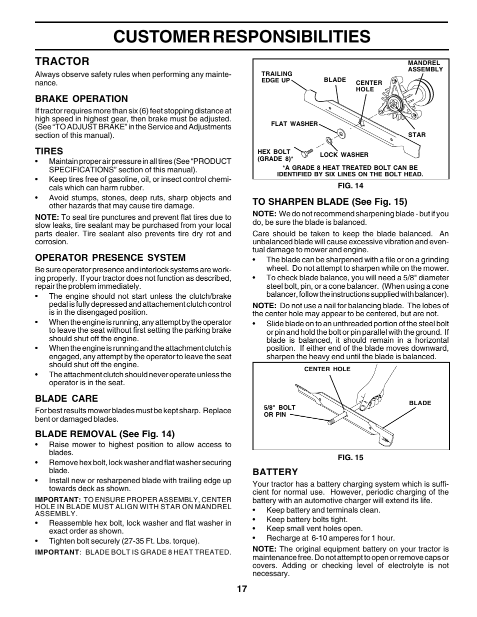 Customer responsibilities, Tractor | Poulan 177271 User Manual | Page 17 / 52