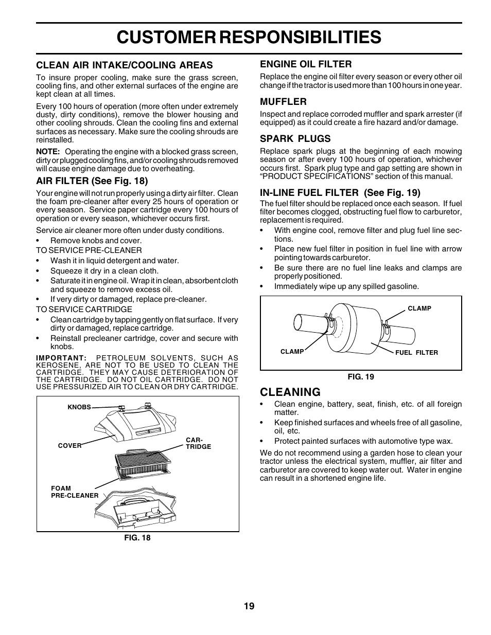 Customer responsibilities, Cleaning | Poulan 177271 User Manual | Page 19 / 52