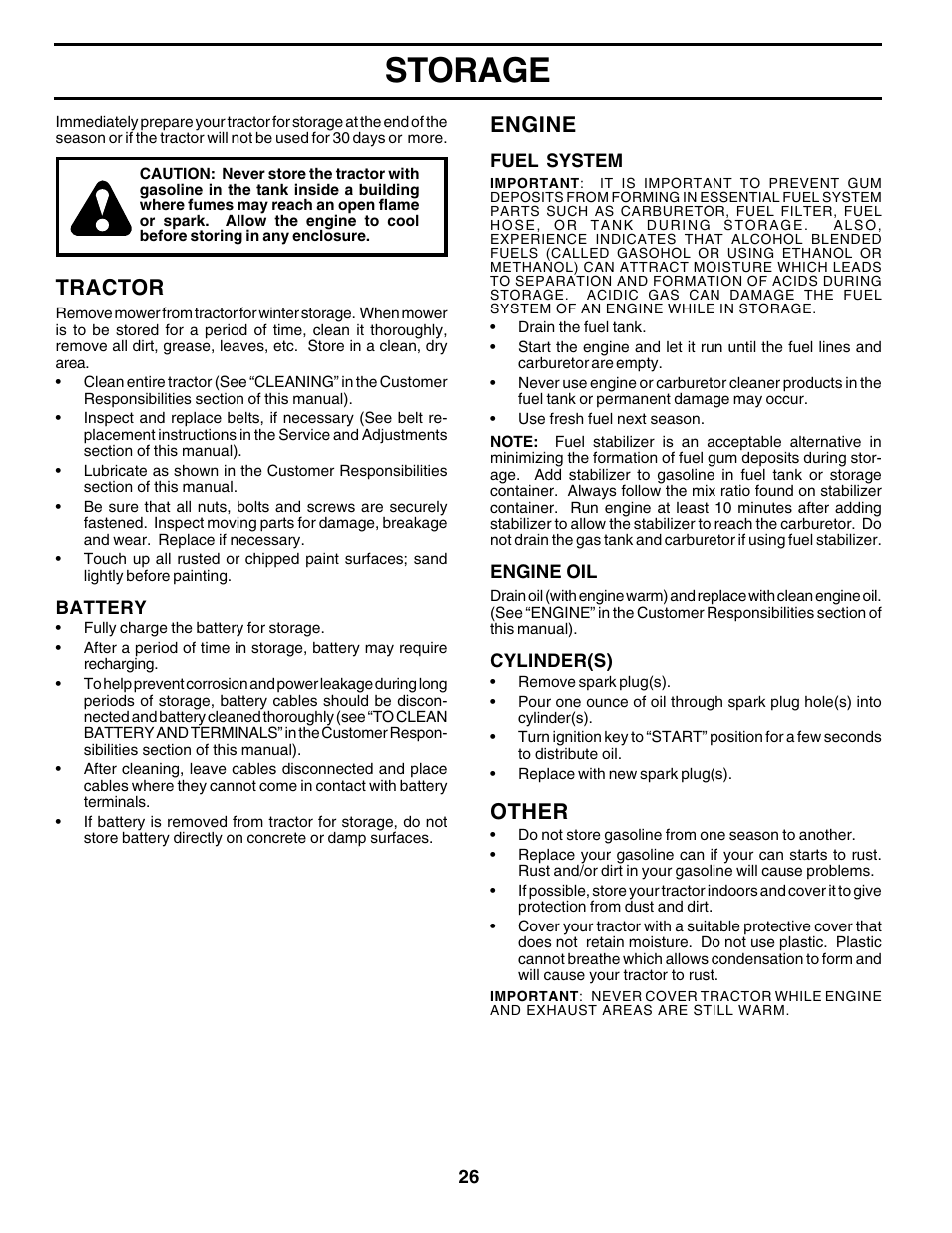Storage, Tractor, Engine | Other | Poulan 177271 User Manual | Page 26 / 52