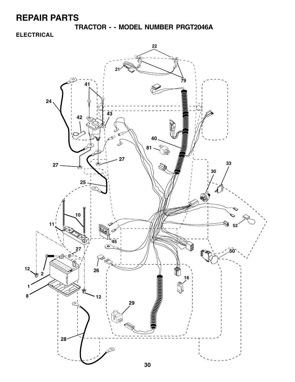 Repair parts, Tractor - - model number prgt2046a, Electrical | Poulan 177271 User Manual | Page 30 / 52