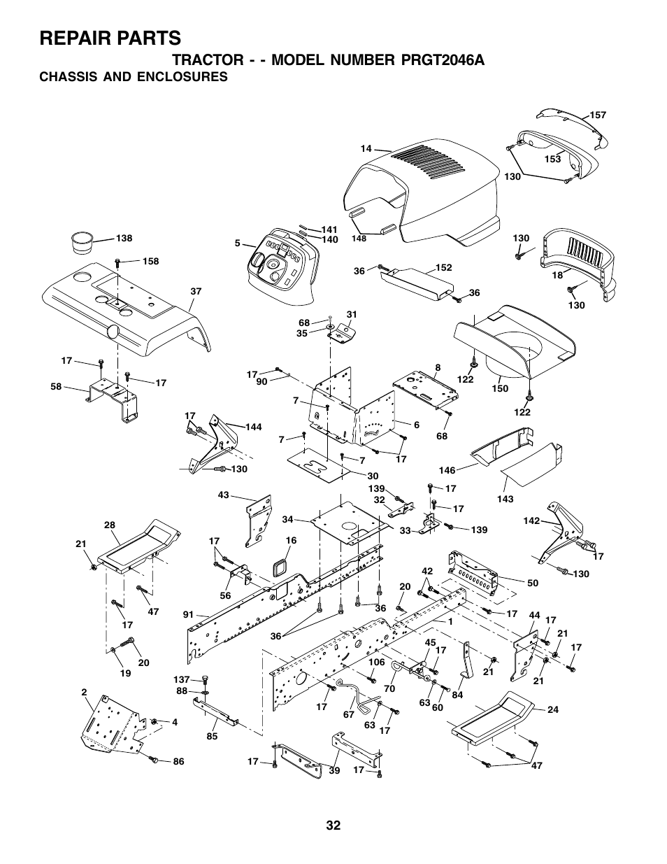 Repair parts, Tractor - - model number prgt2046a, Chassis and enclosures | Poulan 177271 User Manual | Page 32 / 52