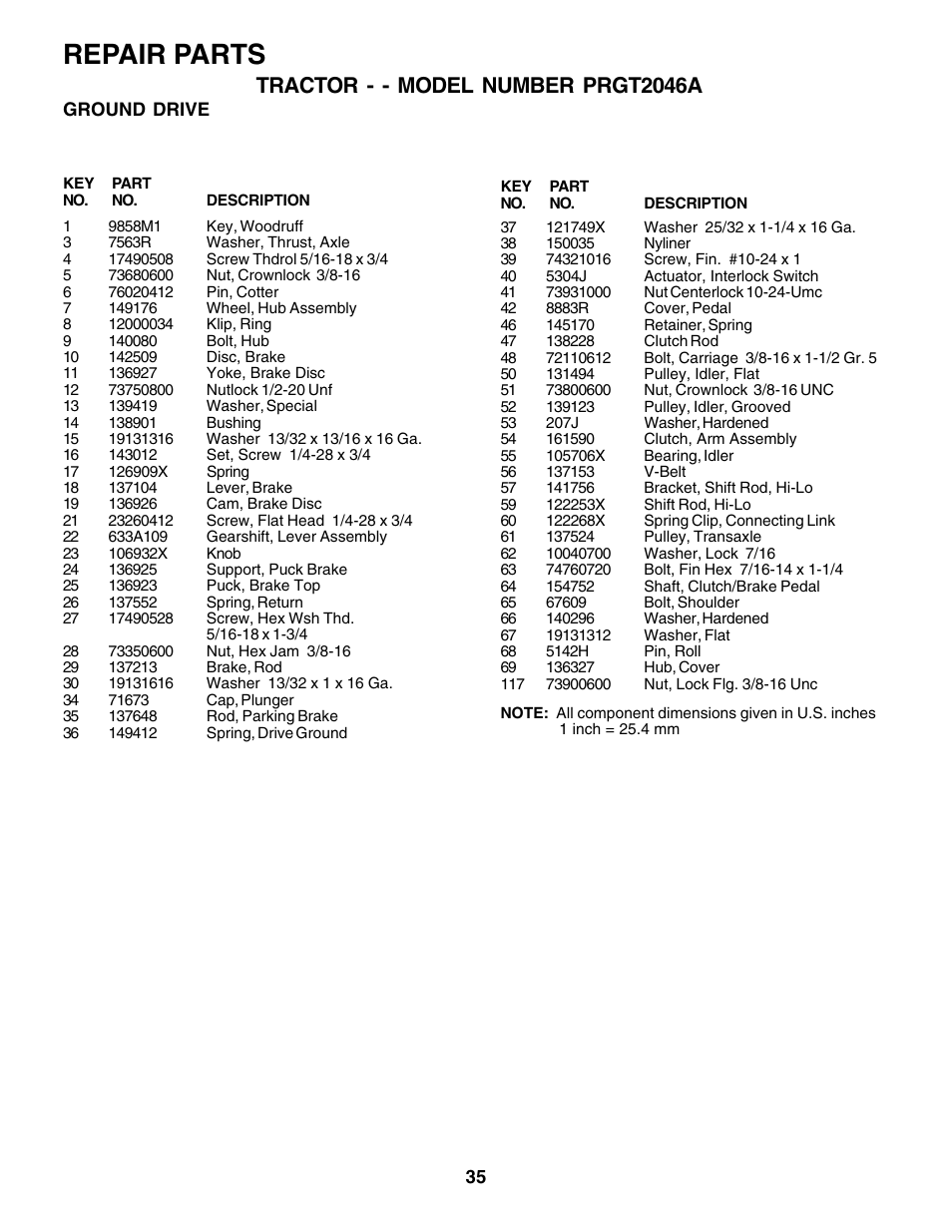Repair parts, Tractor - - model number prgt2046a | Poulan 177271 User Manual | Page 35 / 52