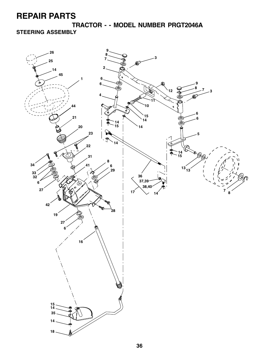 Repair parts, Tractor - - model number prgt2046a, Steering assembly | Poulan 177271 User Manual | Page 36 / 52