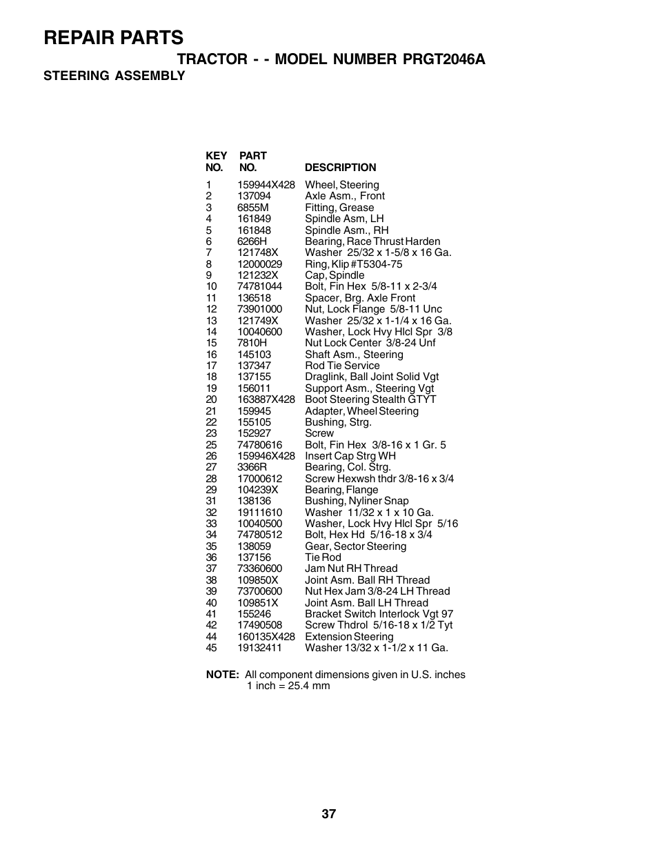 Repair parts, Tractor - - model number prgt2046a | Poulan 177271 User Manual | Page 37 / 52