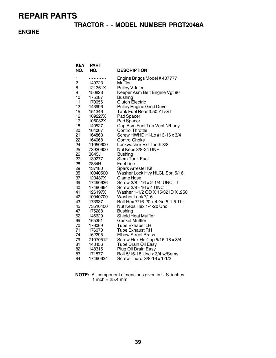 Repair parts, Tractor - - model number prgt2046a | Poulan 177271 User Manual | Page 39 / 52