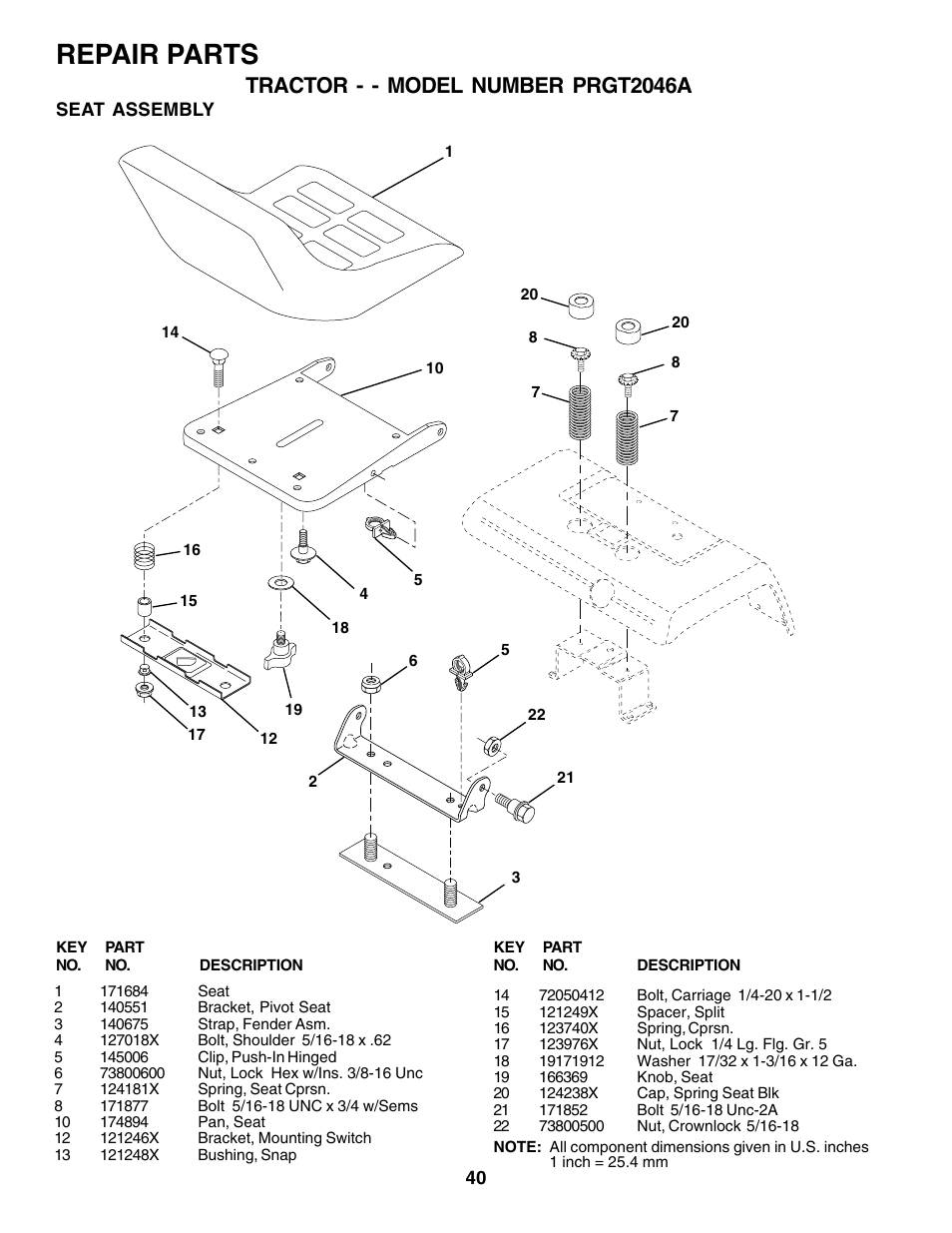 Repair parts, Tractor - - model number prgt2046a | Poulan 177271 User Manual | Page 40 / 52