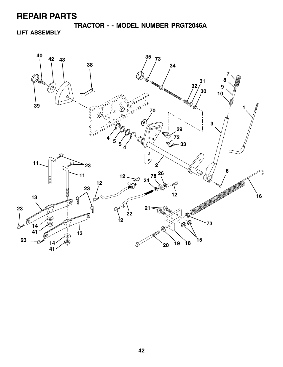 Repair parts, Tractor - - model number prgt2046a | Poulan 177271 User Manual | Page 42 / 52