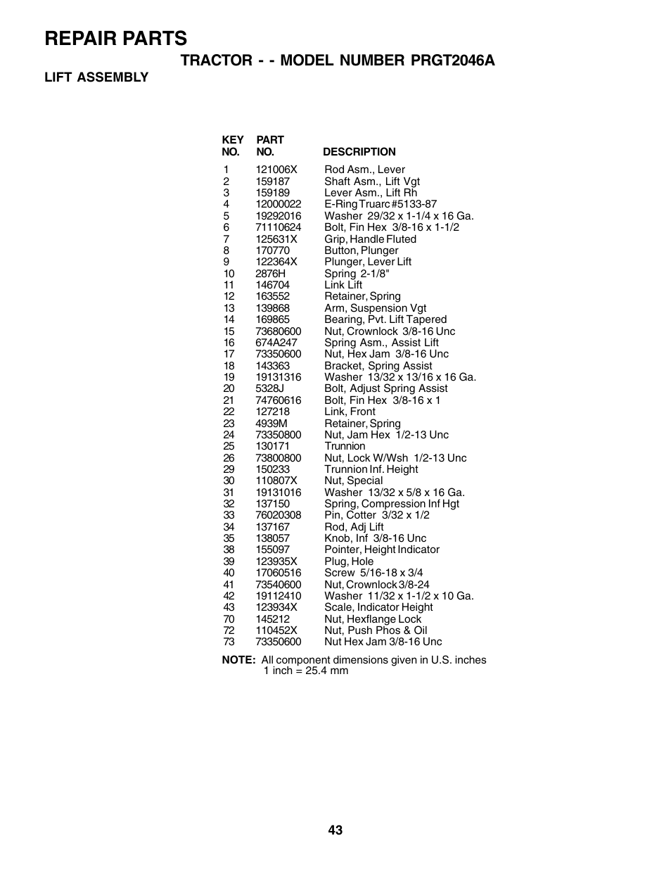 Repair parts, Tractor - - model number prgt2046a | Poulan 177271 User Manual | Page 43 / 52