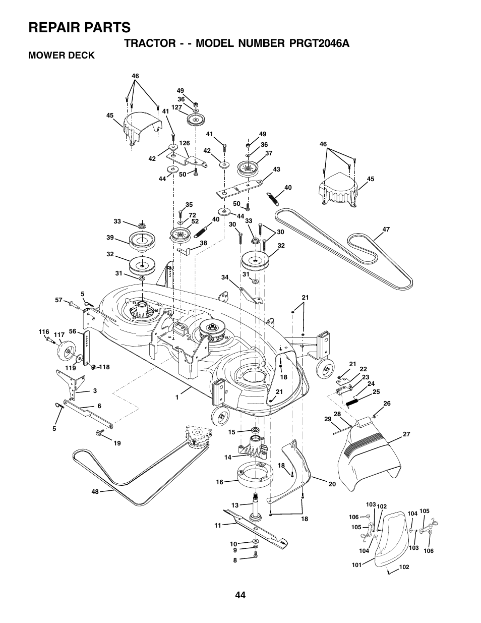Repair parts, Tractor - - model number prgt2046a, Mower deck | Poulan 177271 User Manual | Page 44 / 52