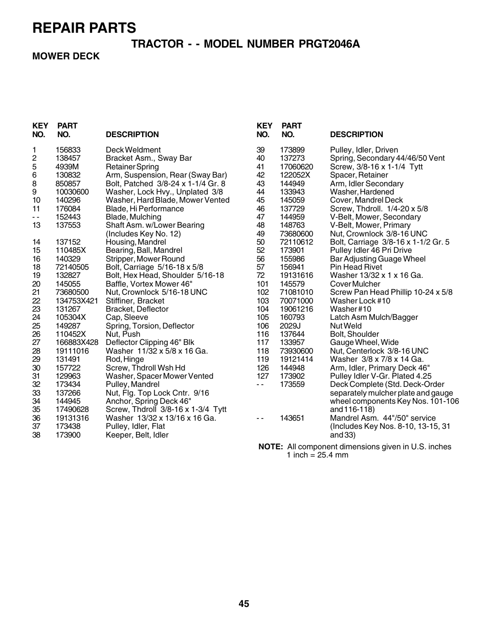 Repair parts, Tractor - - model number prgt2046a | Poulan 177271 User Manual | Page 45 / 52