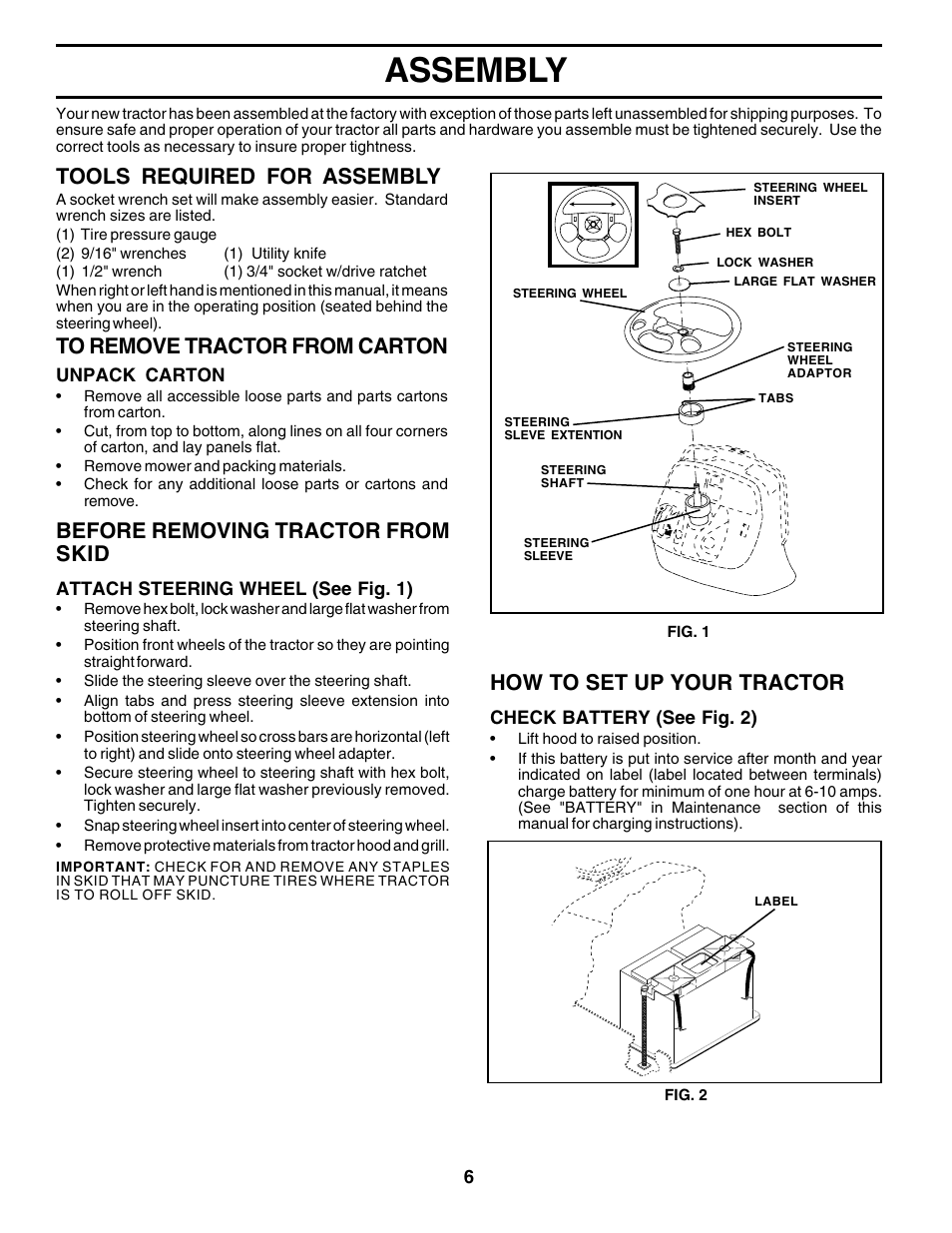 Assembly, Tools required for assembly, Before removing tractor from skid | How to set up your tractor | Poulan 177271 User Manual | Page 6 / 52