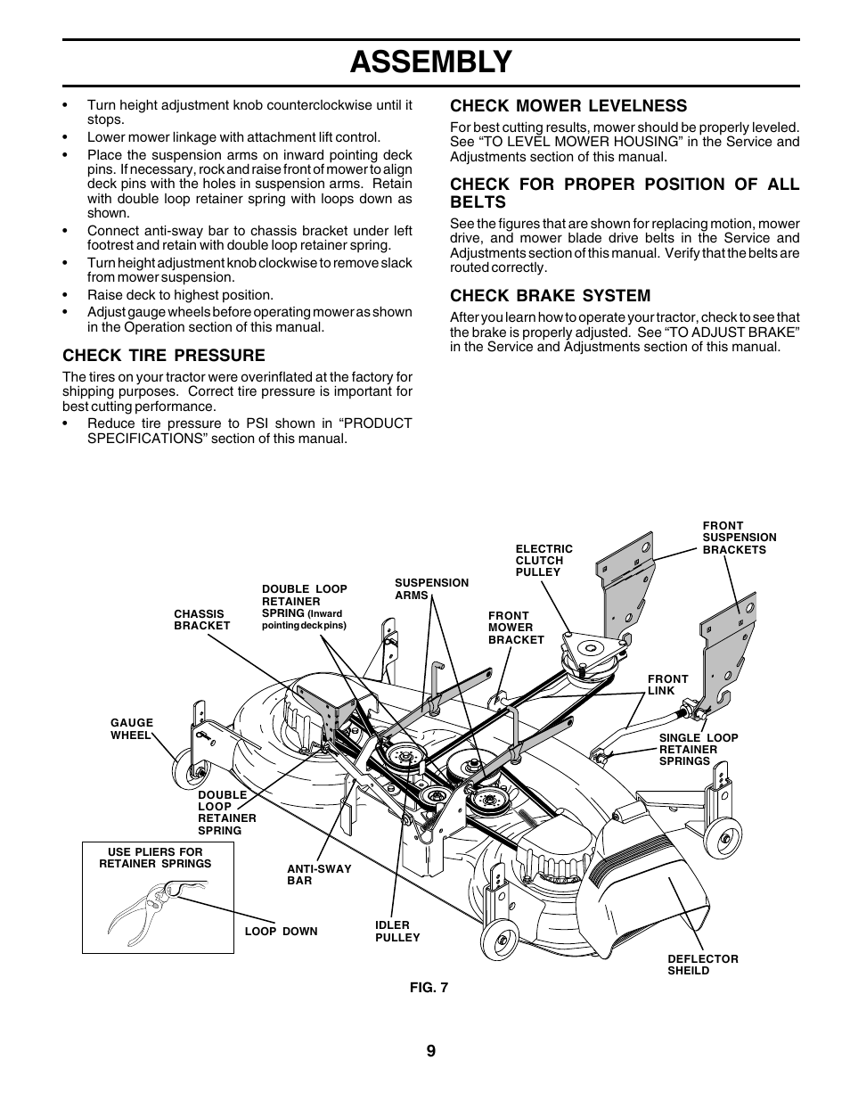 Assembly, Check tire pressure, Check mower levelness | Check for proper position of all belts, Check brake system | Poulan 177271 User Manual | Page 9 / 52