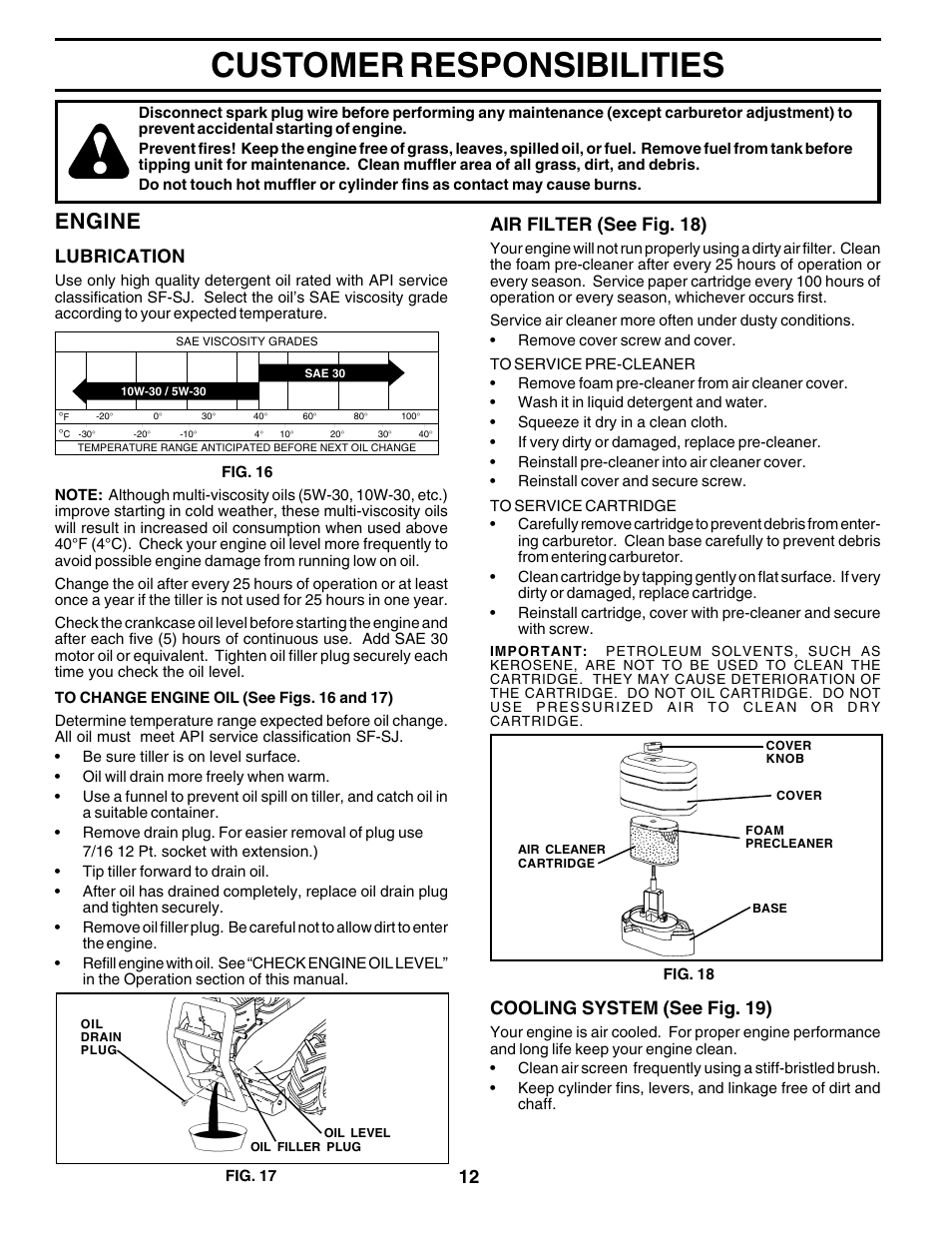 Customer responsibilities, Engine, Lubrication | Air filter (see fig. 18), Cooling system (see fig. 19) | Poulan 175680 User Manual | Page 12 / 28