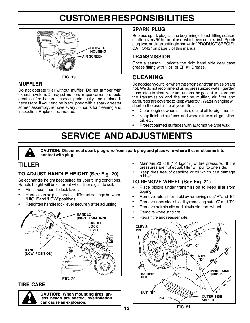 Customer responsibilities, Service and adjustments, Cleaning | Tiller | Poulan 175680 User Manual | Page 13 / 28