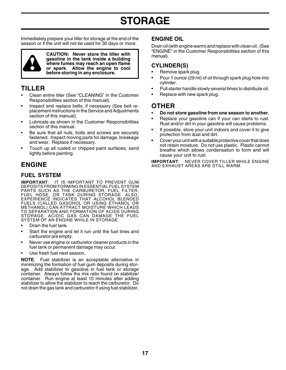 Storage, Tiller, Engine | Other | Poulan 175680 User Manual | Page 17 / 28