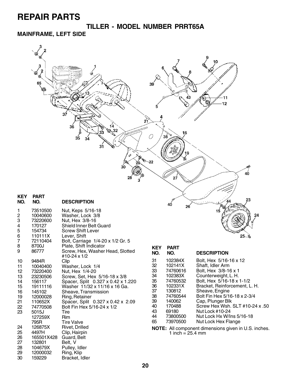 Repair parts, Tiller - model number prrt65a | Poulan 175680 User Manual | Page 20 / 28