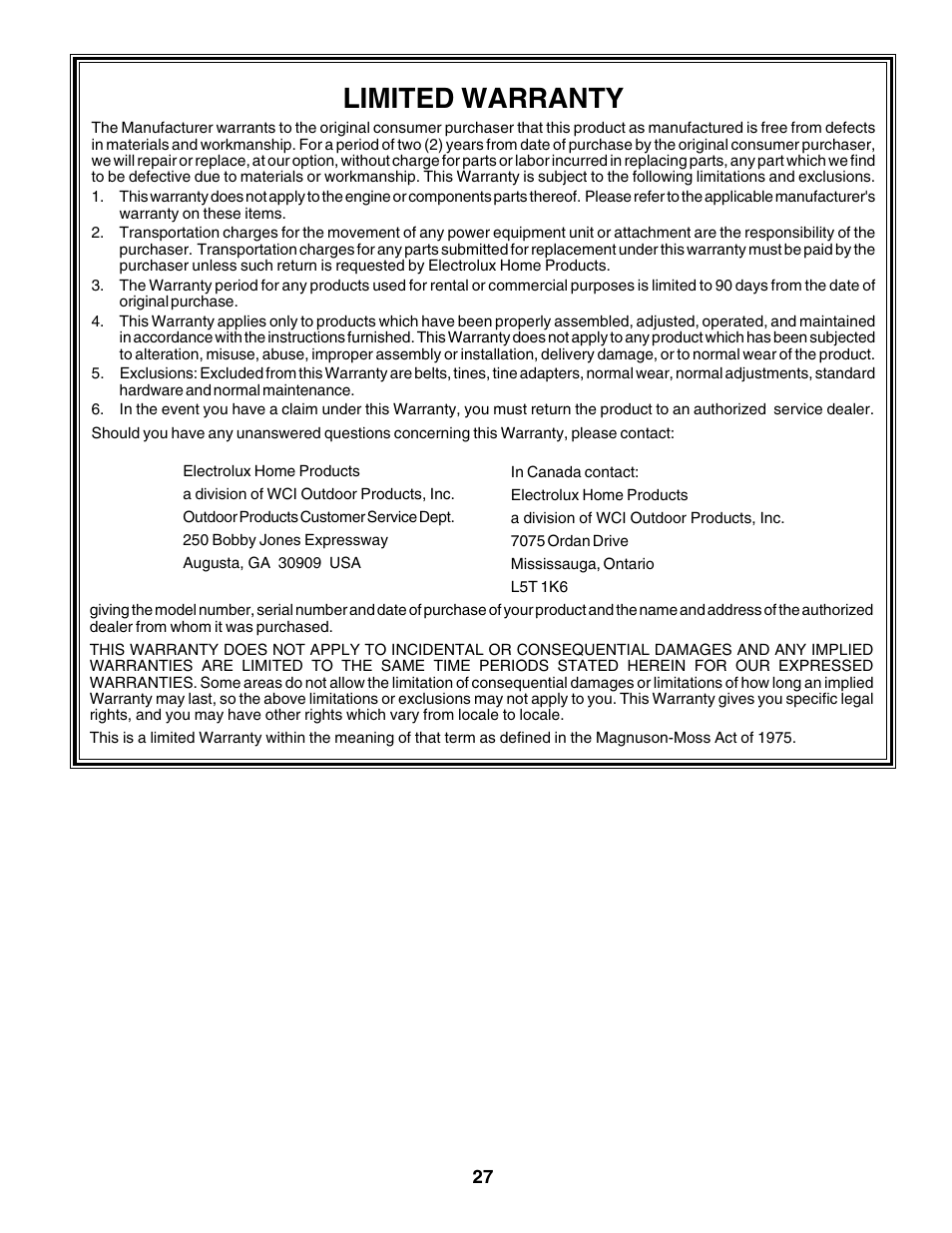 Limited warranty | Poulan 175680 User Manual | Page 27 / 28