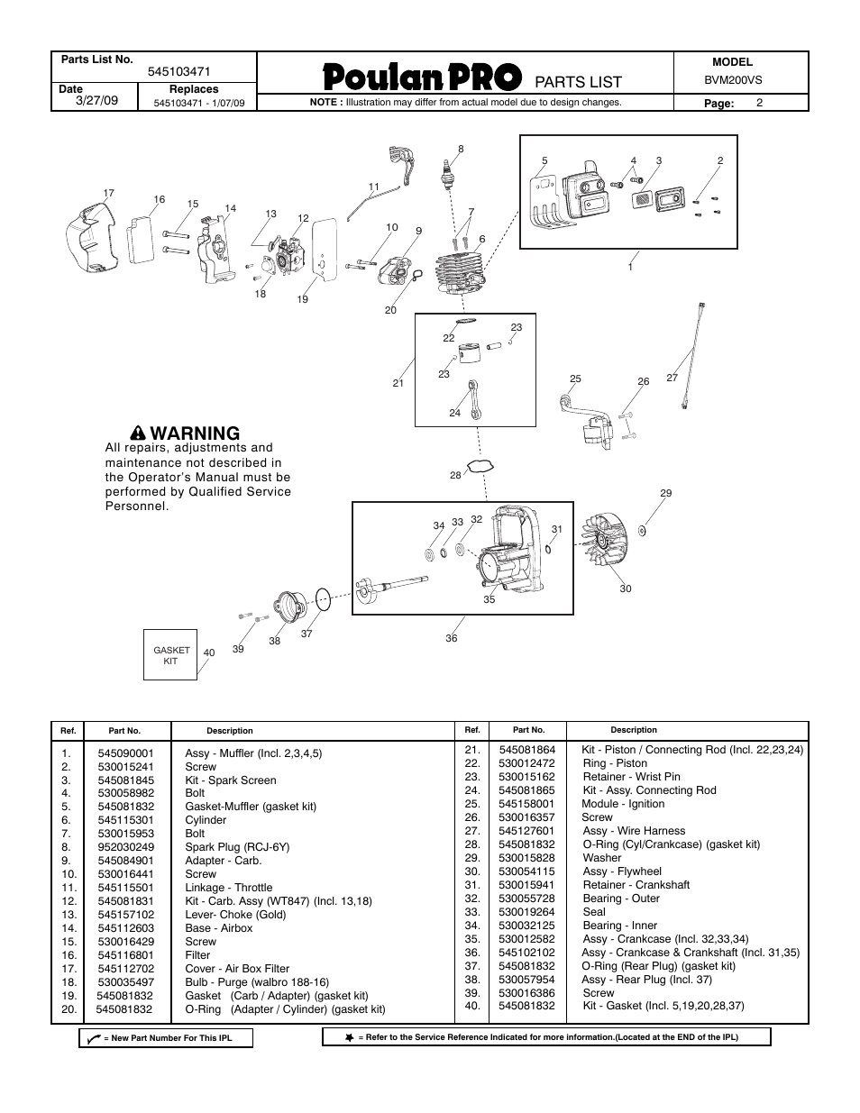 Engine, Warning, Parts list | Poulan Pro 545103471 User Manual | Page 2 / 3