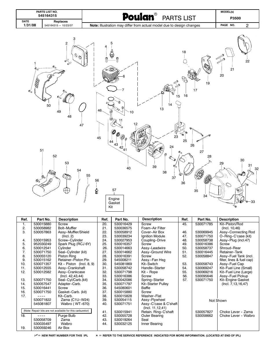 Poulan parts list, Poulan pro parts list paramount parts list, Parts list | Poulan 545164315 User Manual | Page 2 / 2