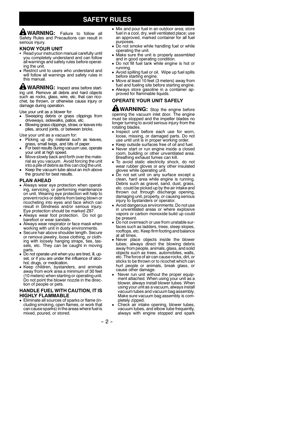 Safety rules, Warning | Poulan 530165210 User Manual | Page 2 / 12