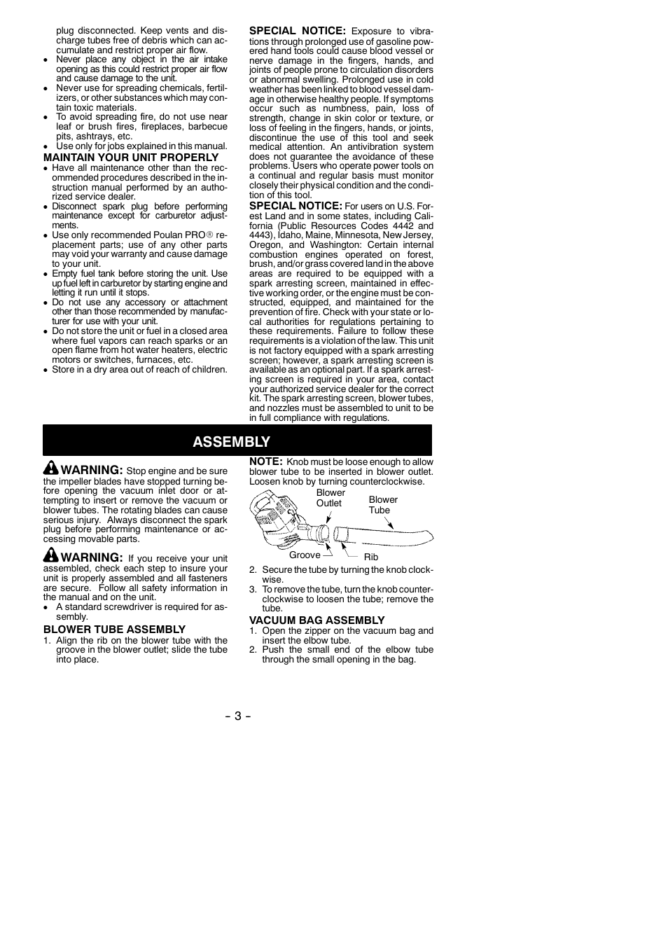 Assembly, Warning | Poulan 530165210 User Manual | Page 3 / 12