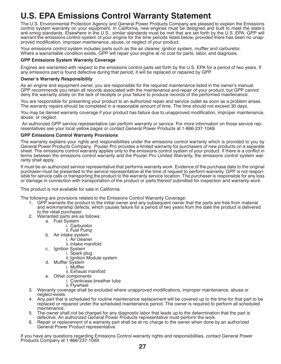 U.s. epa emissions control warranty statement | Poulan Pro PPG 6000 User Manual | Page 27 / 32