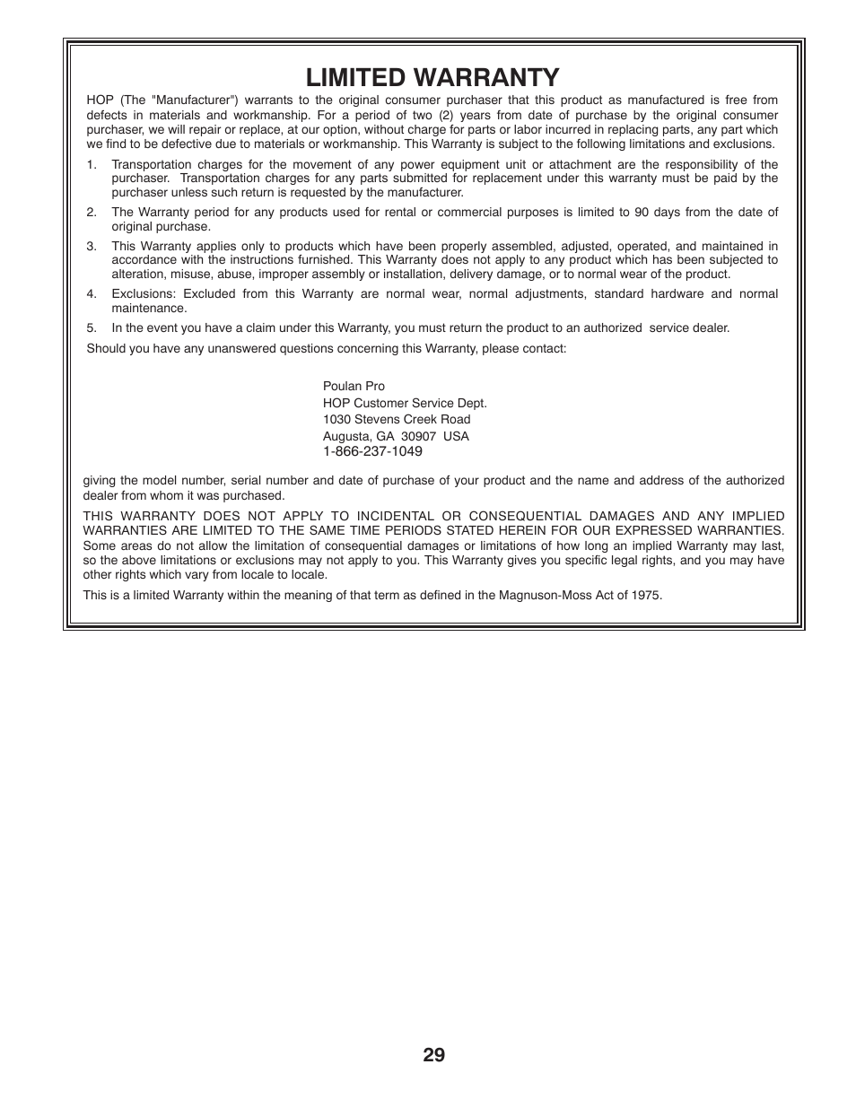 Limited warranty | Poulan Pro PPG 6000 User Manual | Page 29 / 32