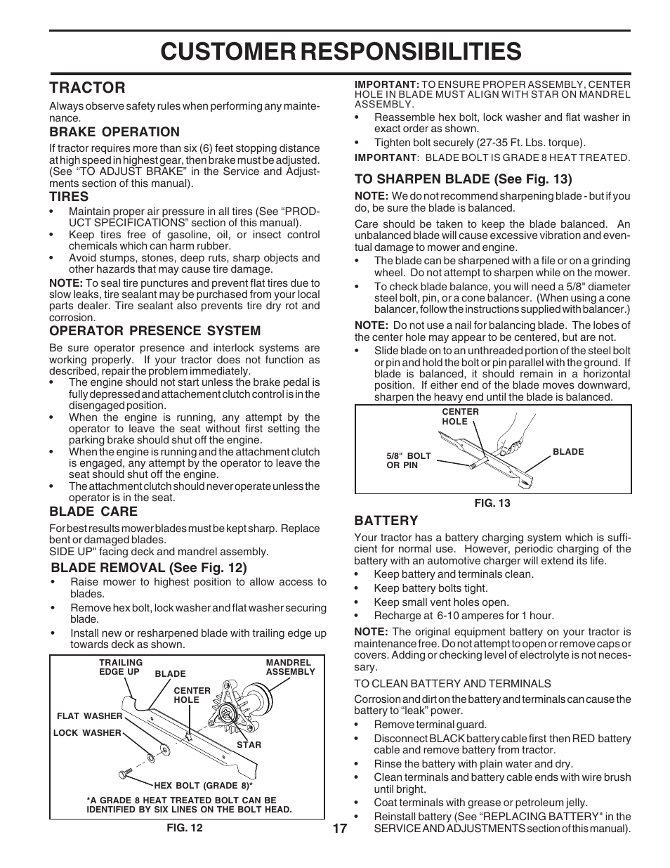 Customer responsibilities, Tractor | Poulan 180265 User Manual | Page 17 / 48