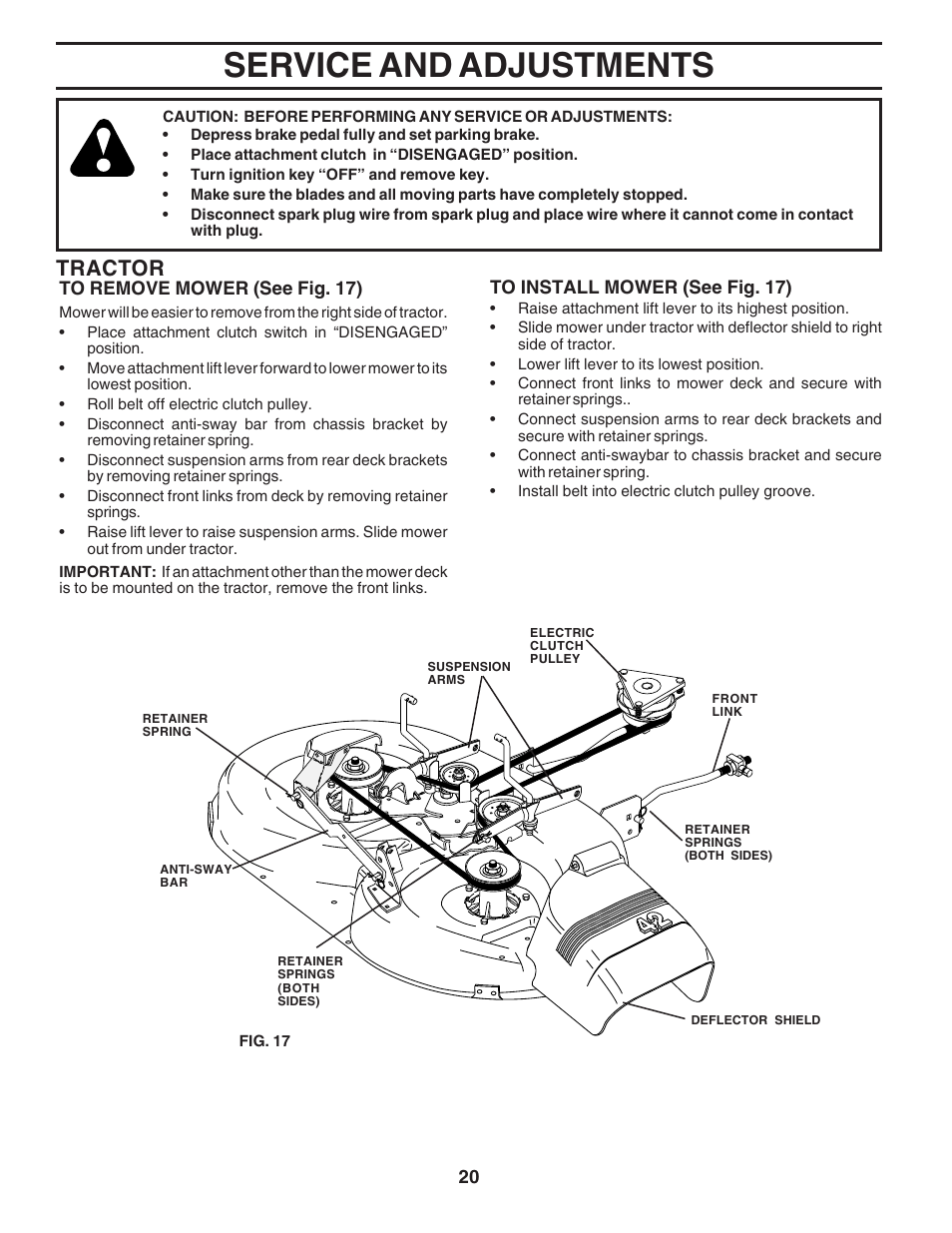 Service and adjustments, Tractor | Poulan 180265 User Manual | Page 20 / 48