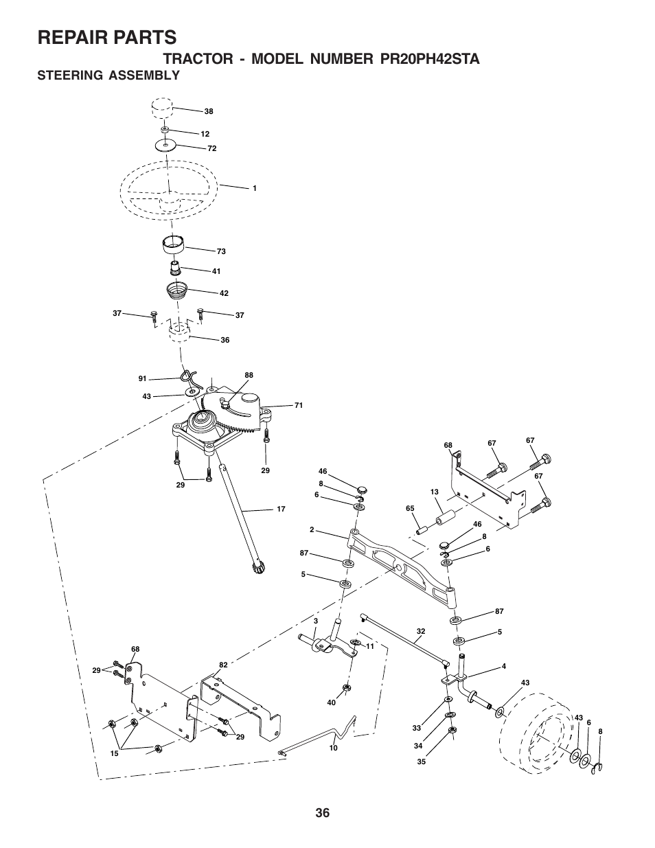 Repair parts, Tractor - model number pr20ph42sta, Steering assembly | Poulan 180265 User Manual | Page 36 / 48