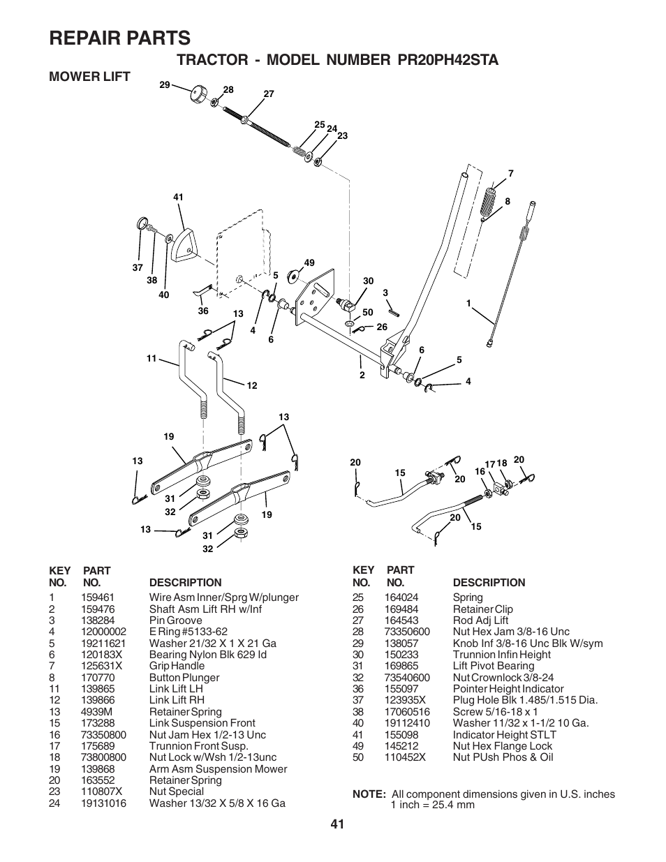 Repair parts, Tractor - model number pr20ph42sta | Poulan 180265 User Manual | Page 41 / 48