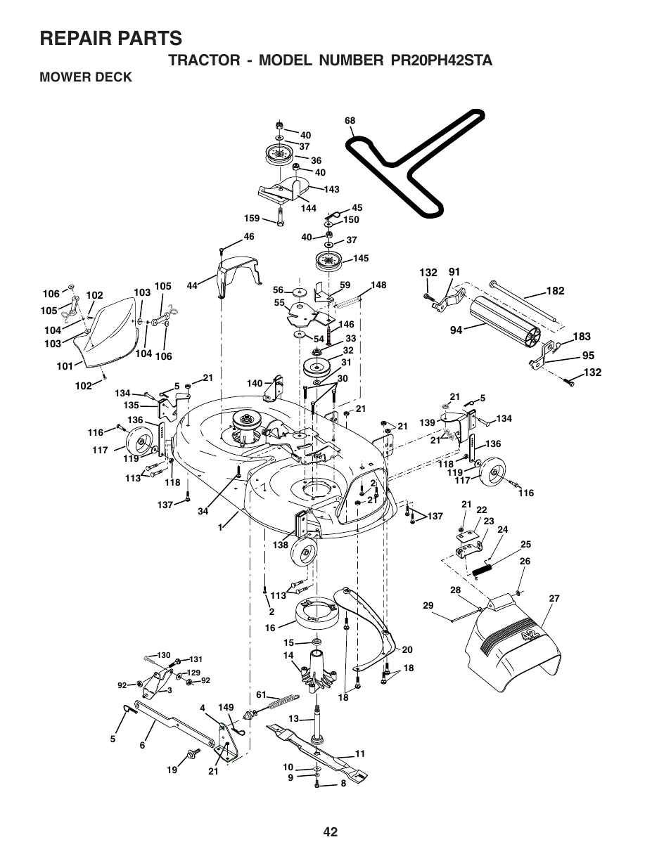 Repair parts, Tractor - model number pr20ph42sta, Mower deck | Poulan 180265 User Manual | Page 42 / 48