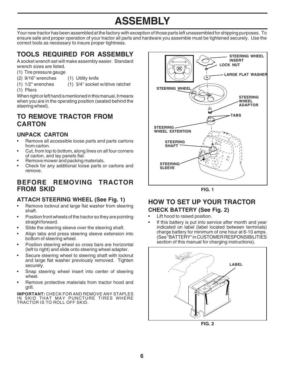Assembly, Tools required for assembly, How to set up your tractor | Before removing tractor from skid | Poulan 180265 User Manual | Page 6 / 48