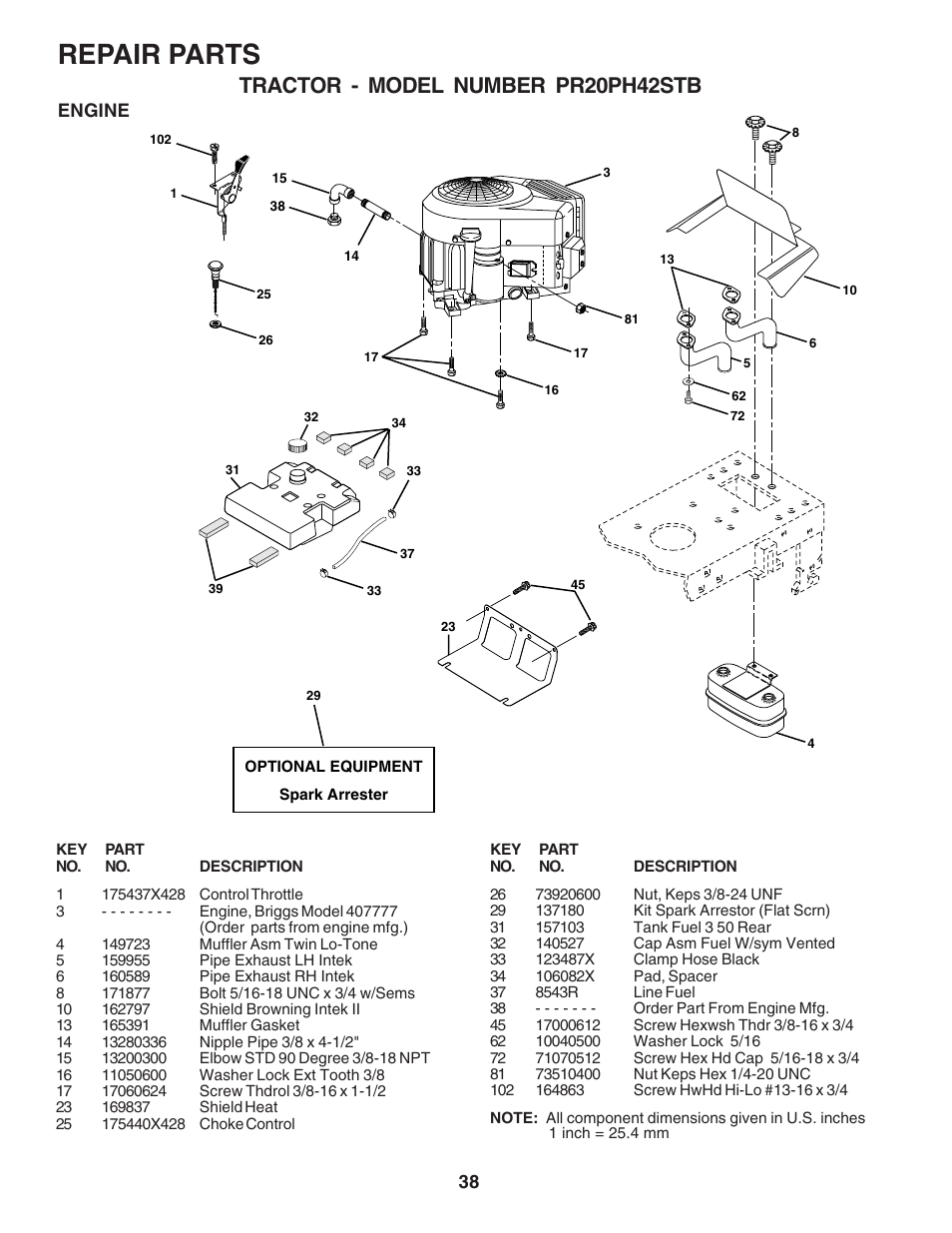 Repair parts, Tractor - model number pr20ph42stb | Poulan 183048 User Manual | Page 38 / 48