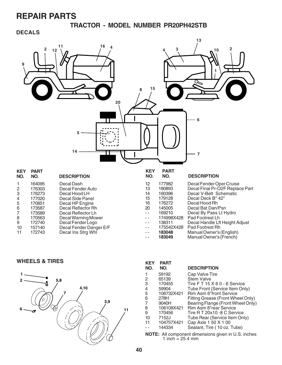 Repair parts, Tractor - model number pr20ph42stb | Poulan 183048 User Manual | Page 40 / 48