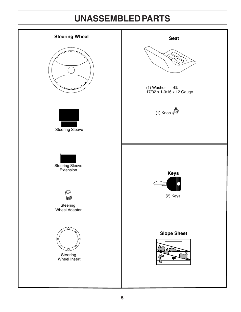 Unassembled parts | Poulan 183048 User Manual | Page 5 / 48