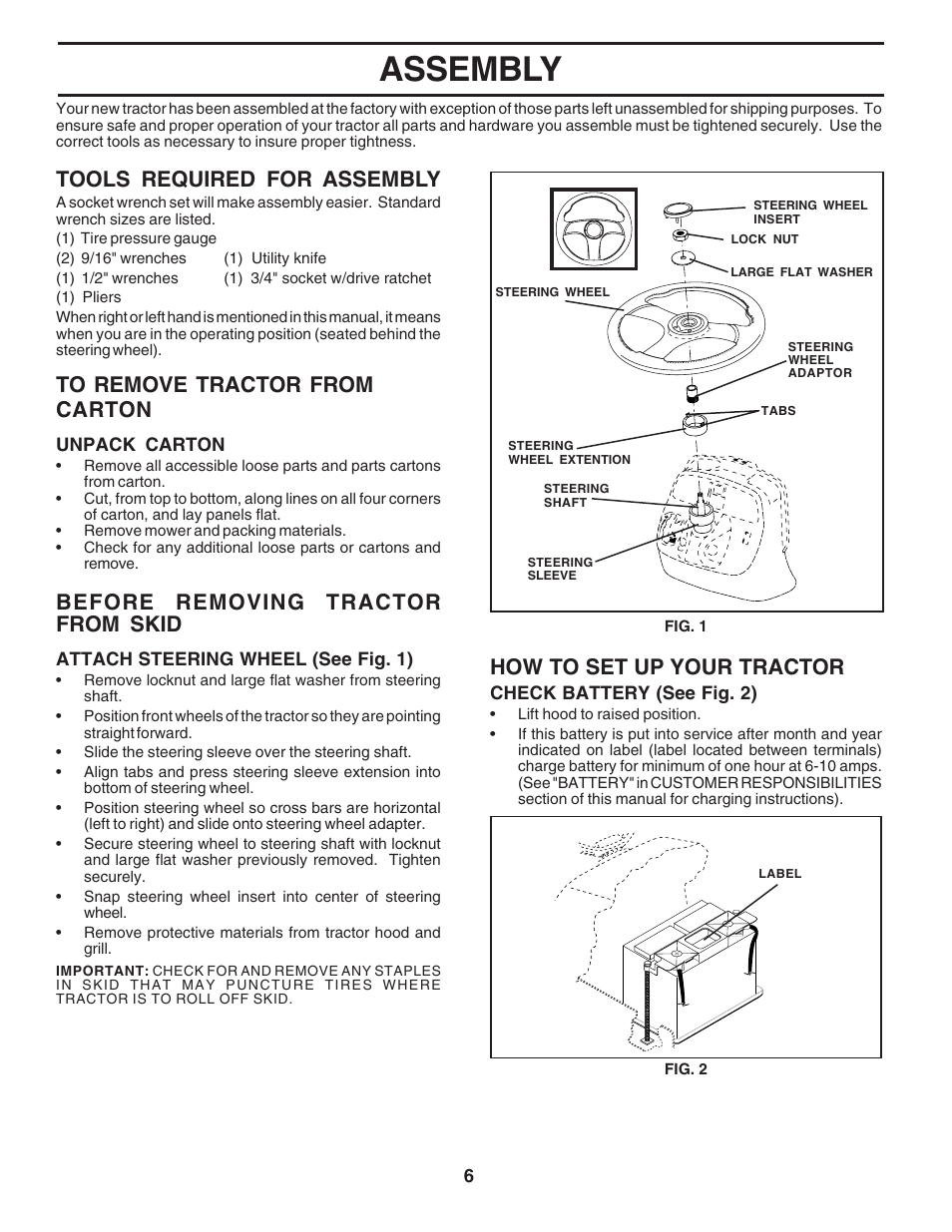 Assembly, Tools required for assembly, How to set up your tractor | Before removing tractor from skid | Poulan 183048 User Manual | Page 6 / 48