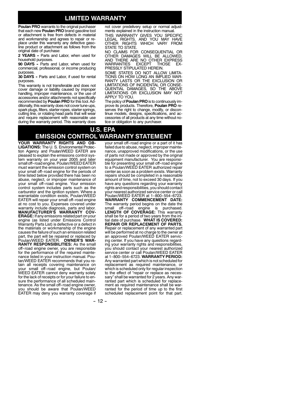 Limited warranty, U.s. epa emission control warranty statement | Poulan 545117517 User Manual | Page 12 / 13