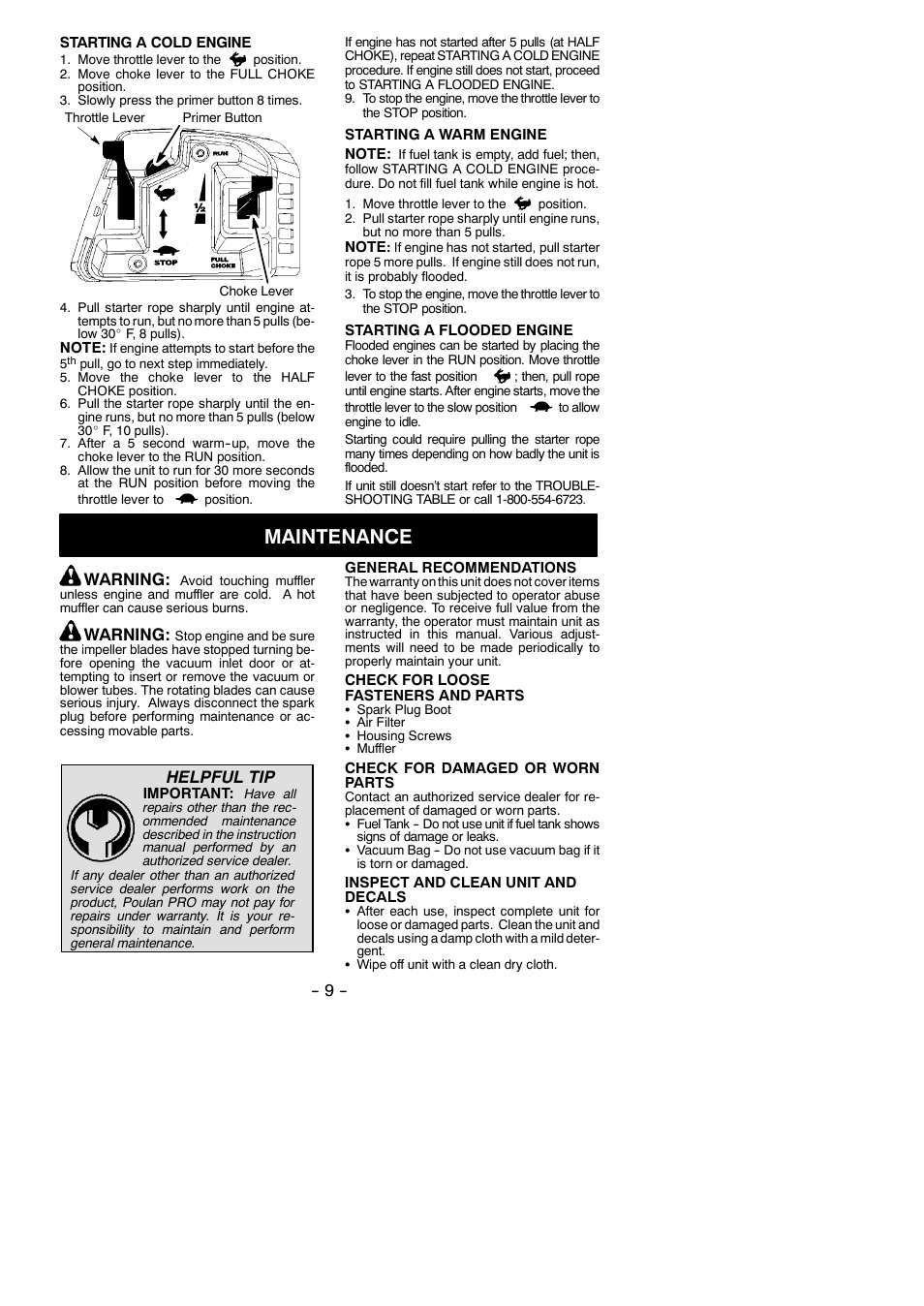 Maintenance, Warning, Helpful tip | Poulan 545117517 User Manual | Page 9 / 13