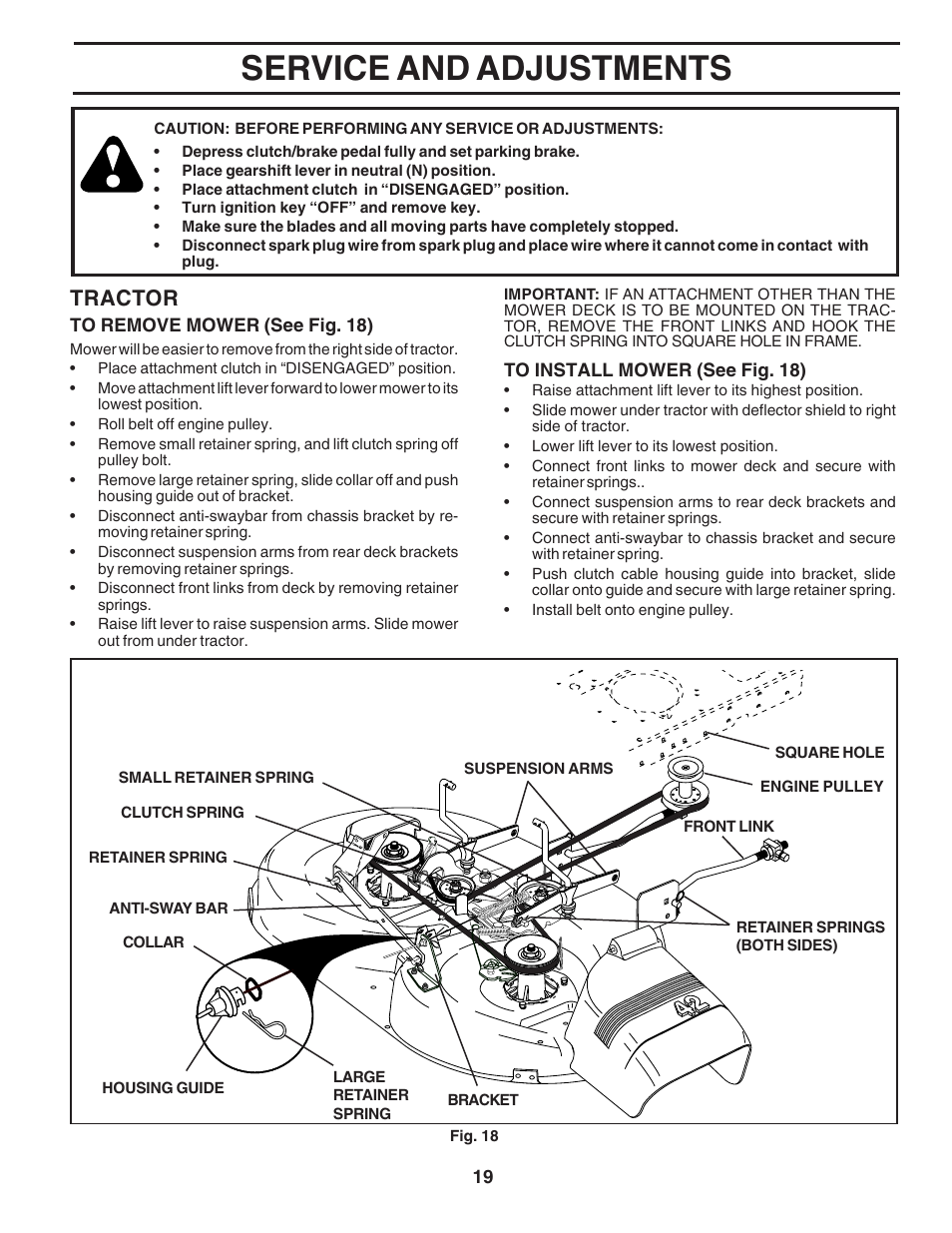 Service and adjustments, Tractor | Poulan 183046 User Manual | Page 19 / 30