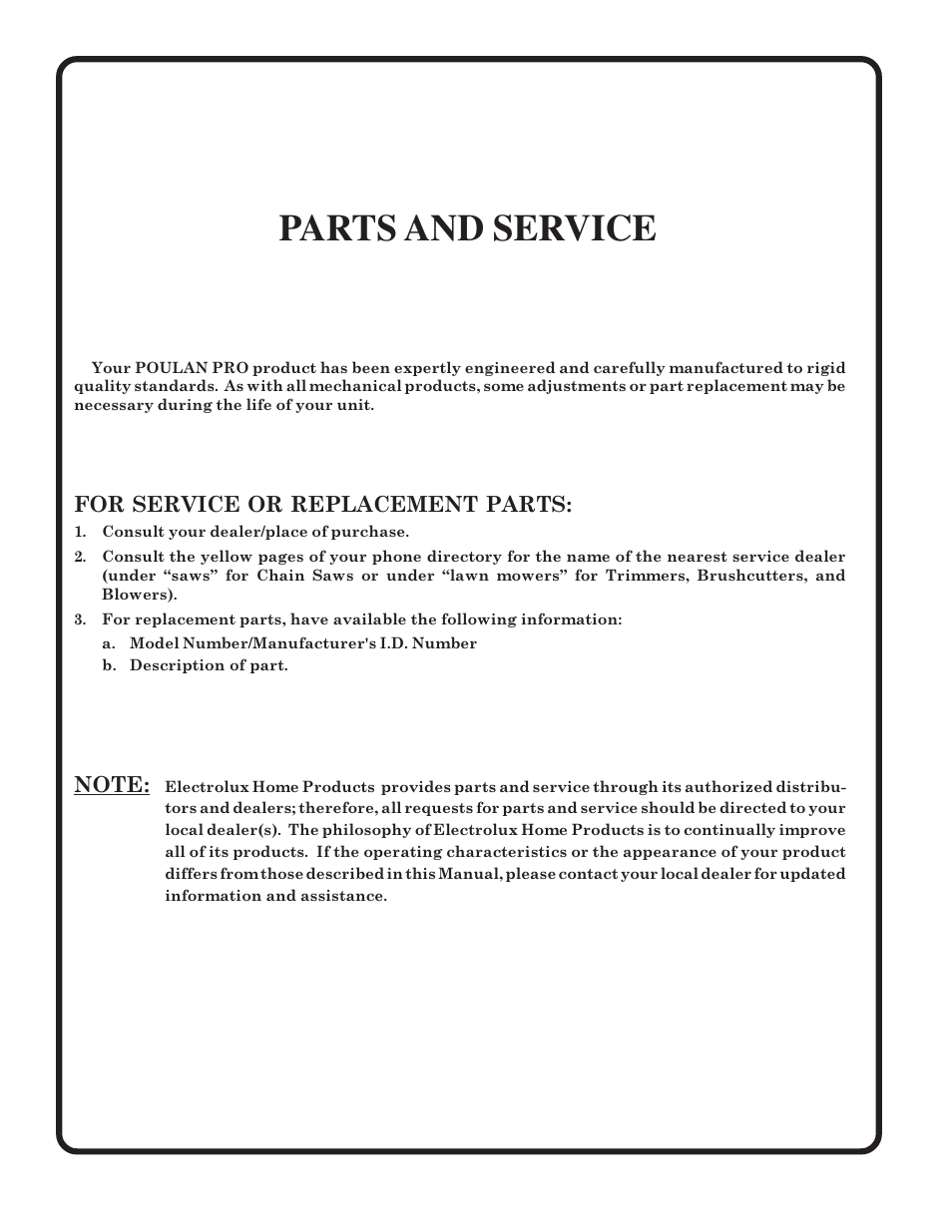 Parts and service | Poulan 183046 User Manual | Page 30 / 30