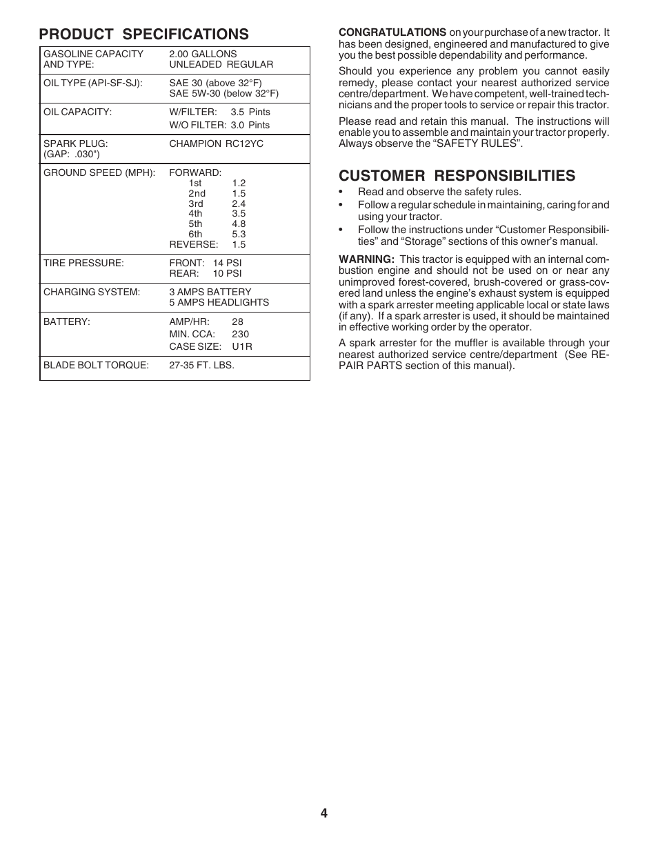 Product specifications, Customer responsibilities | Poulan 183046 User Manual | Page 4 / 30