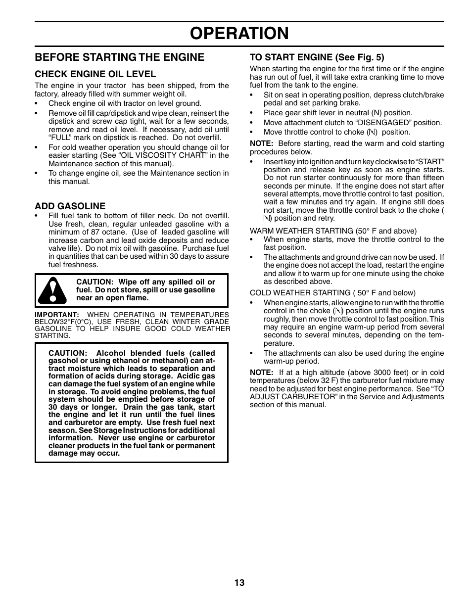 Operation, Before starting the engine | Poulan 401487 User Manual | Page 13 / 30